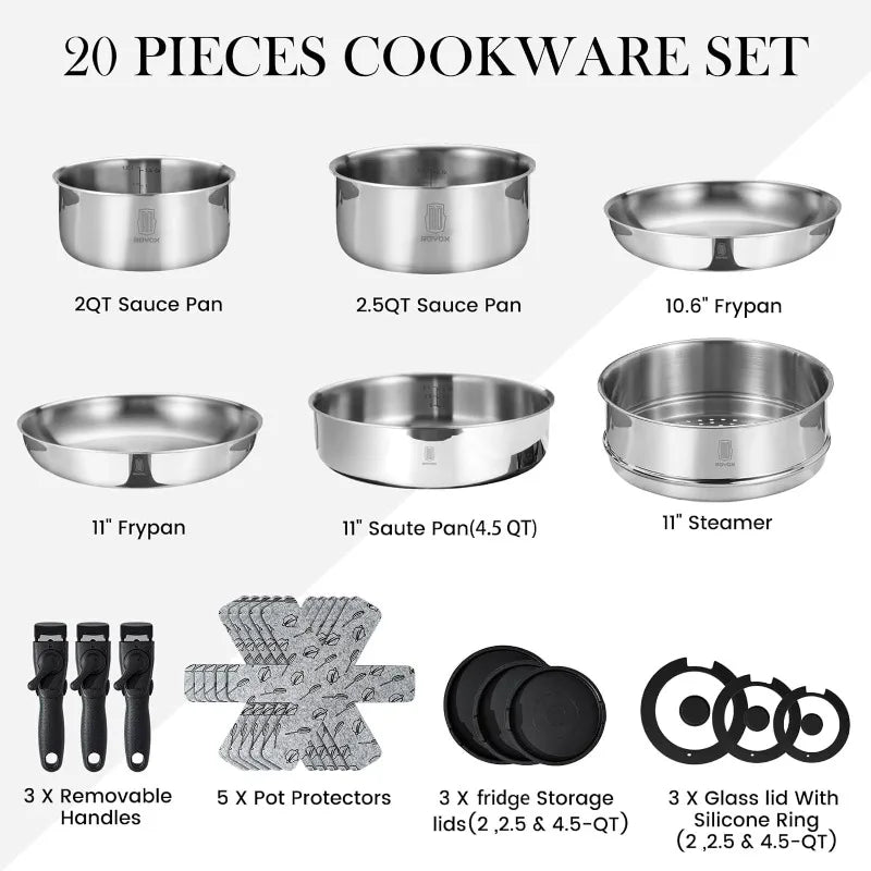 20 Piece Stainless Steel Cookware Set with Removable Handle