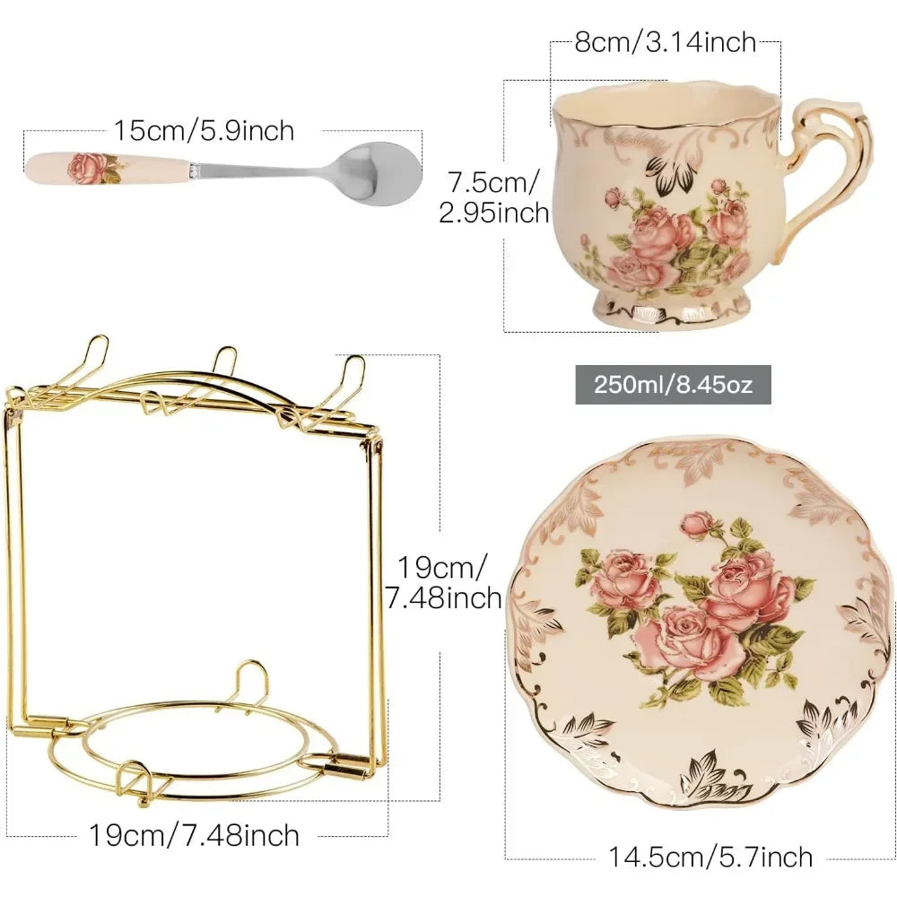 Set of 6,Vintage Floral Porcelain Teas Cups and Saucers with Golden Rack