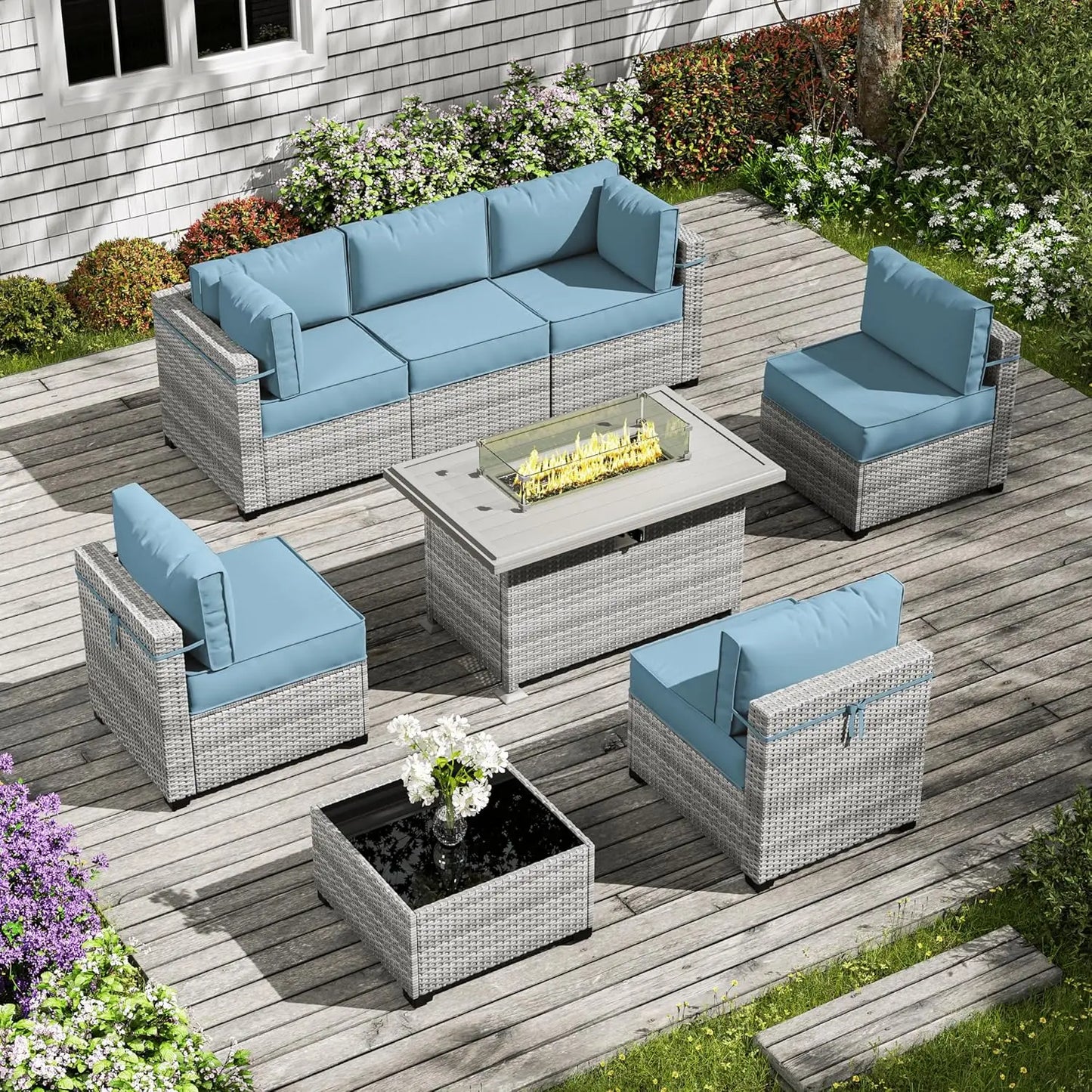 8 Piece Wicker Patio Furniture Set Includes 4 Center Sofas, 2 Corner Sofas, 1 Gas Fireplace Table, And A Tempered Glass Coffee Table