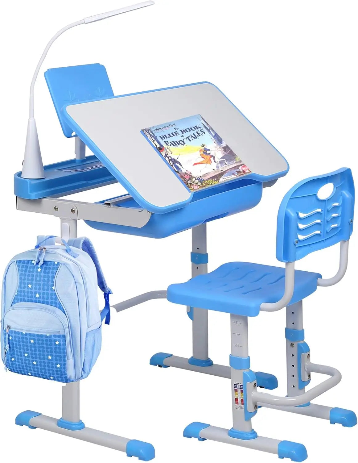 Children's Desk and Chair- Height-adjustable Study and Writing Table with Tilting Table Top, LED Light,