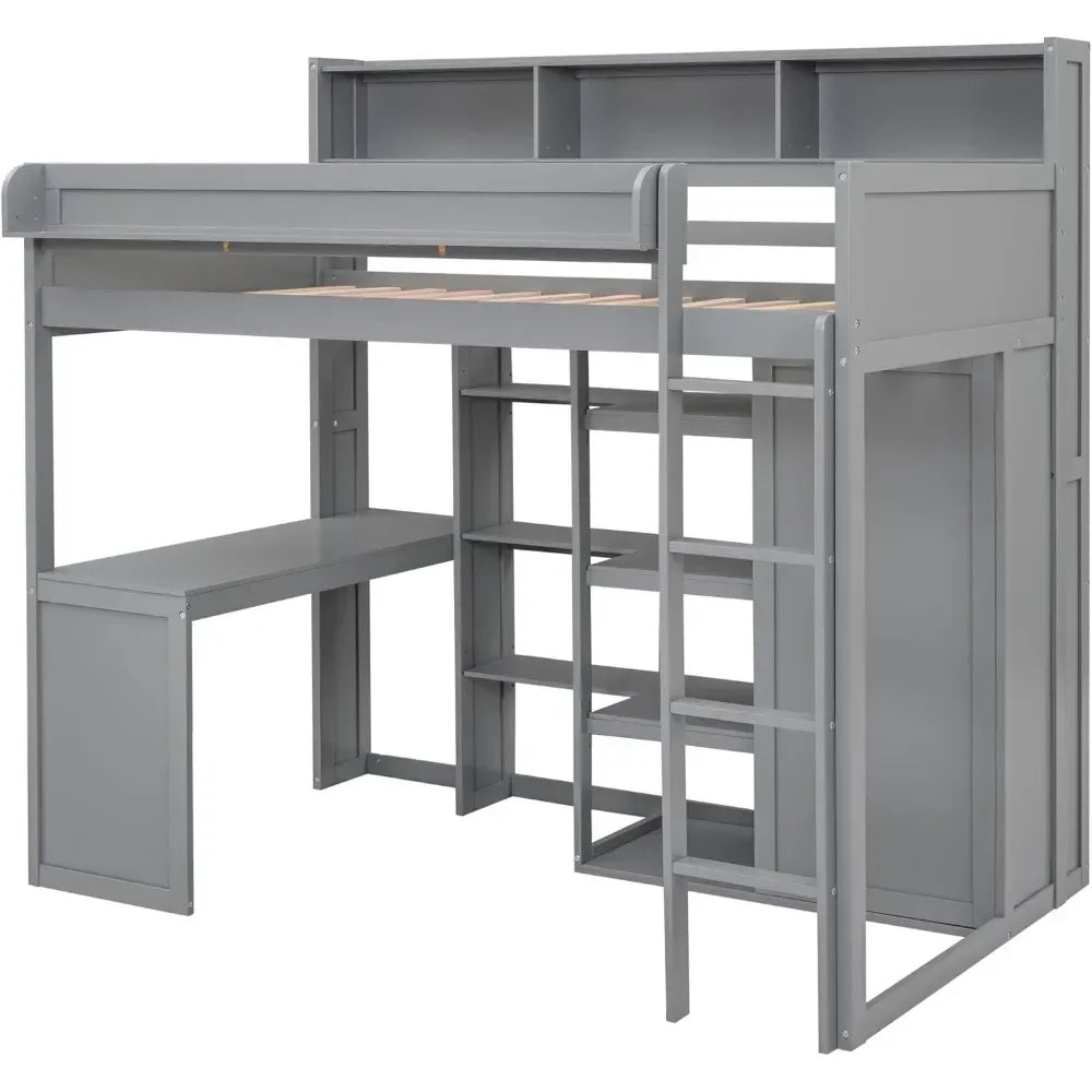 Solid Wood High Loft Bed Frame with Desk & Wardrobe