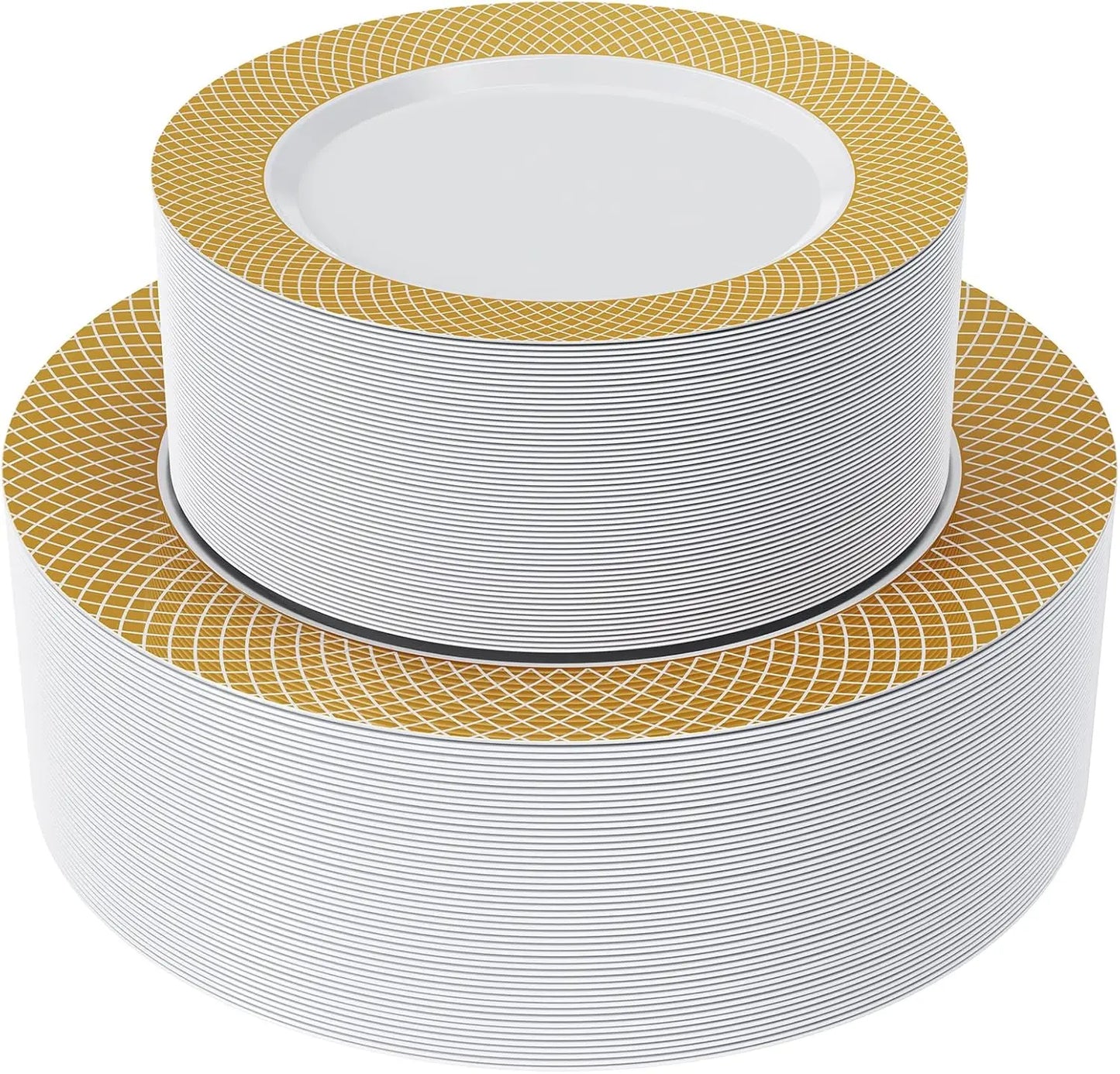 Elegant Fancy Gold Grid Rim Disposable Plastic Plates Set