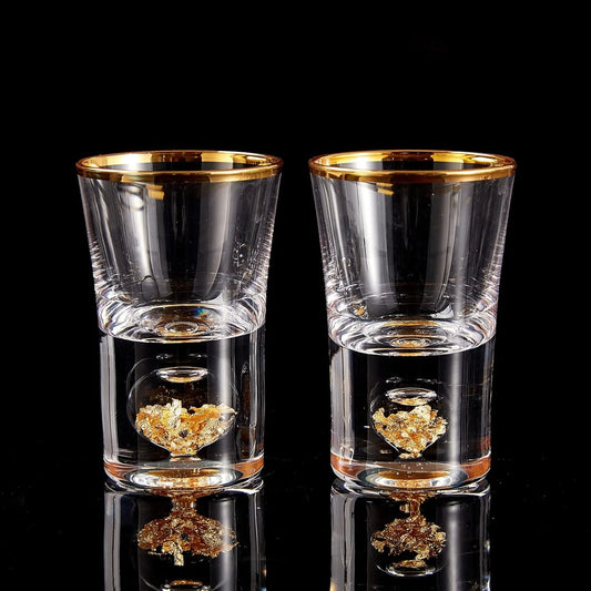 2 pcs (1.5oz), Shot Glass Set Decorated with 24K Gold Leaf Flakes