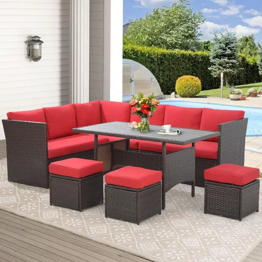 7 Pieces Patio Furniture Set, Outdoor Sectional Sofa Conversation Set, All Weather Wicker Rattan Couch, Dining Table, & Chair