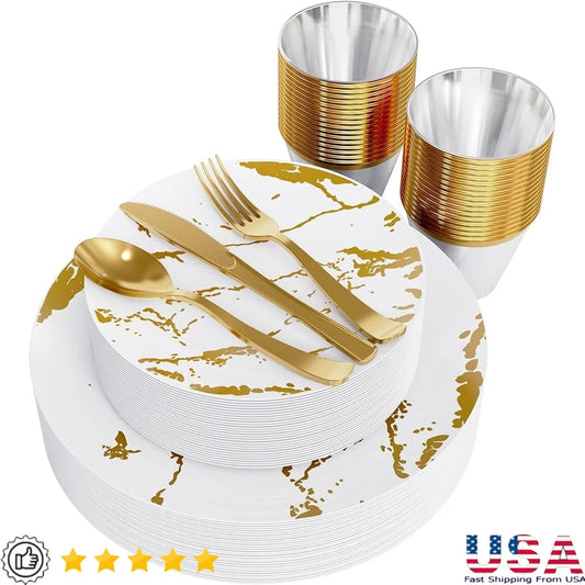 180 PCS Gold Stroke Marble Design Disposable Plastic Dinnerware Set