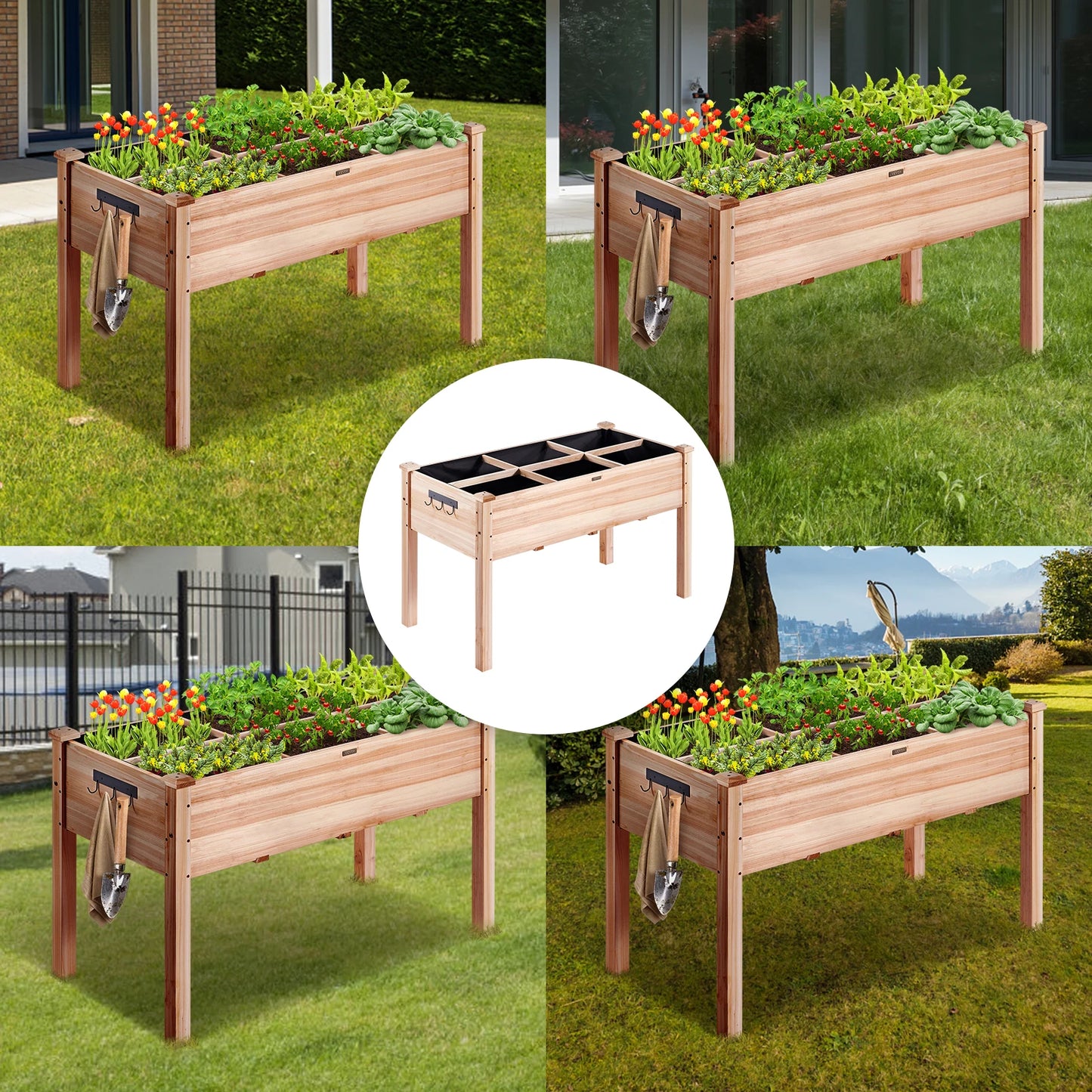 Wooden Raised Garden Bed Planter Box Elevated/Floor w/ Whole Kit and Drainage System