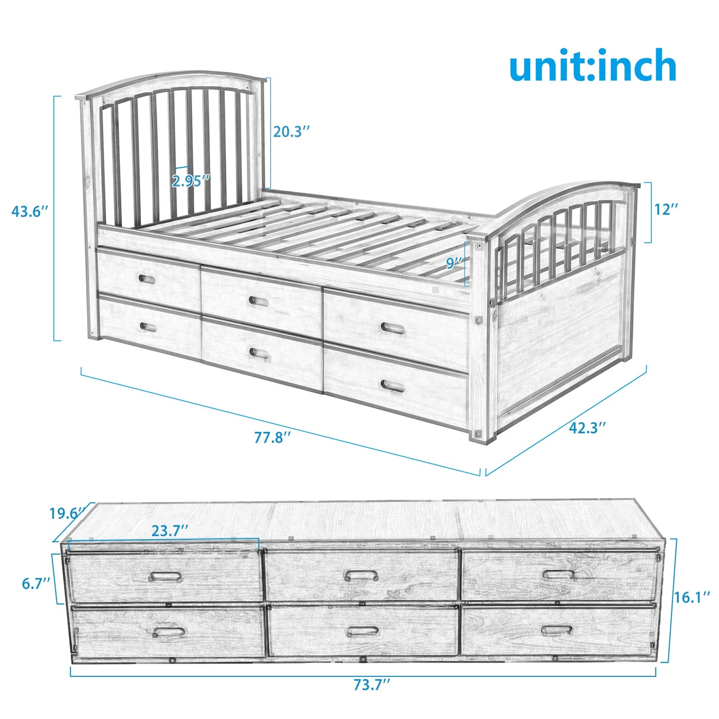 Twin Size Platform Storage Bed with Six Drawers - Solid Wood Frame  77.8x42.3x43.6 in.