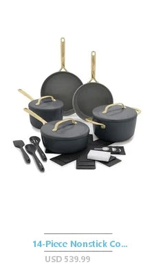 16-Piece Cookware Set with Saucepan, Dutch Oven, Skillet, Stock Pot, Rectangular Dish, Cookbook, Silicone Utensils & Wood Spoon.