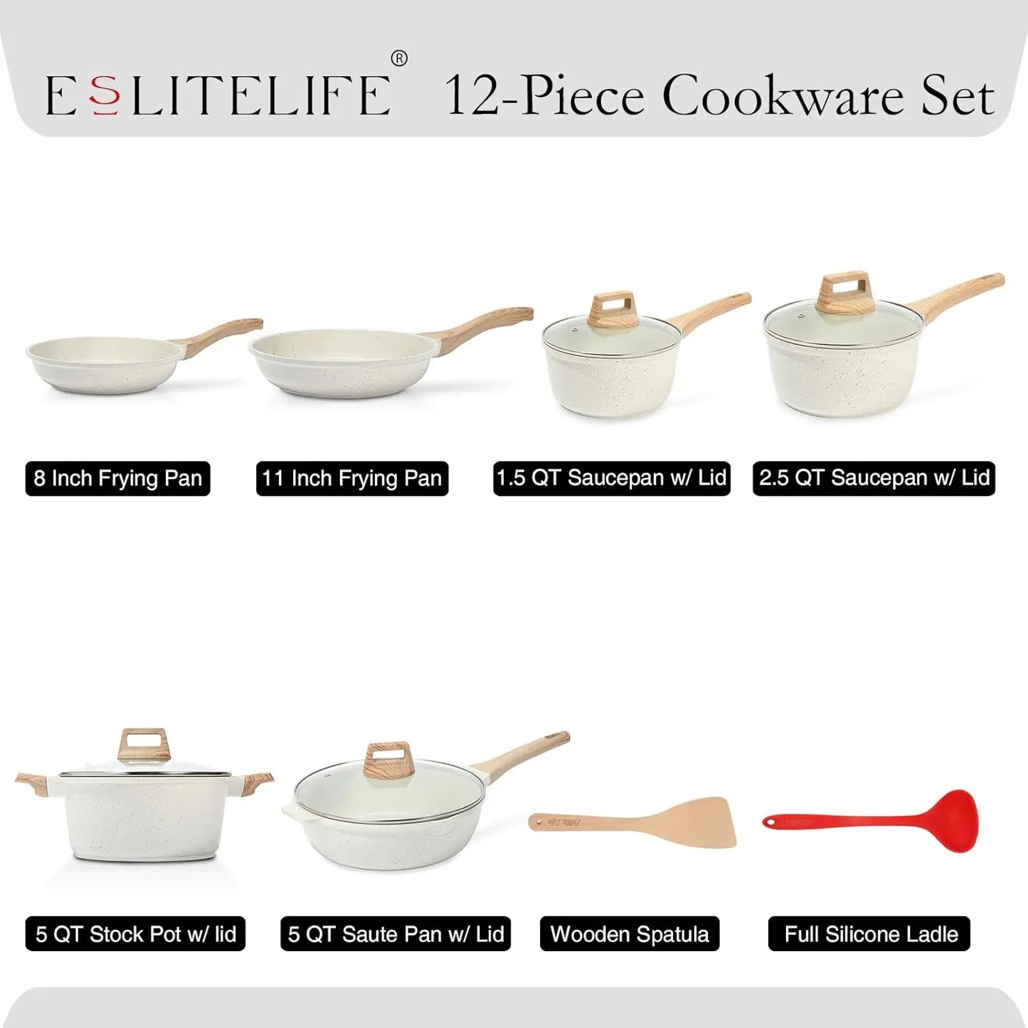 Eslite Life 12 Pcs Ceramic Coating Nonstick Cookware Set