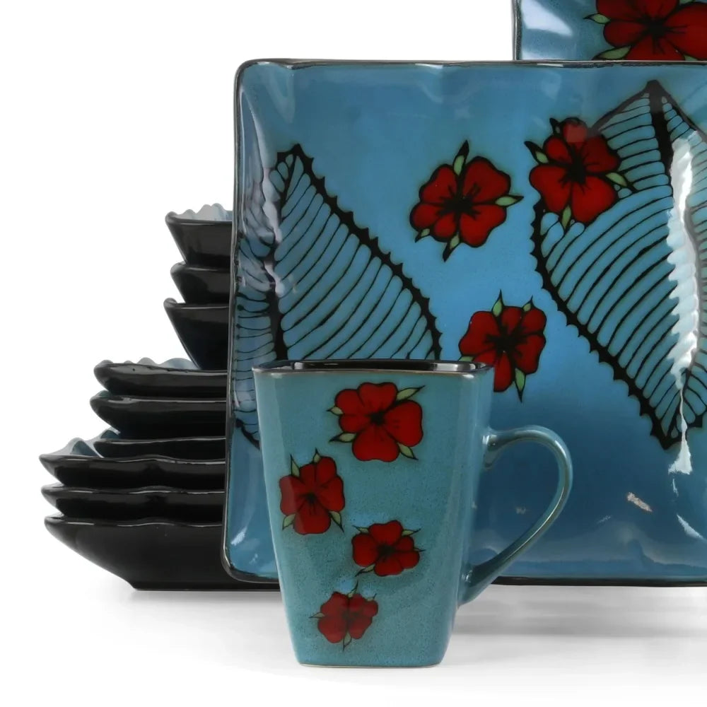 16 Piece Blue and Floral Square Stoneware Dinnerware Set