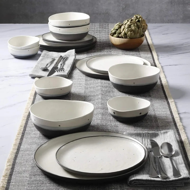 Double Bowl Stoneware Dinnerware Set, Service for 4 (16pcs), White and Black