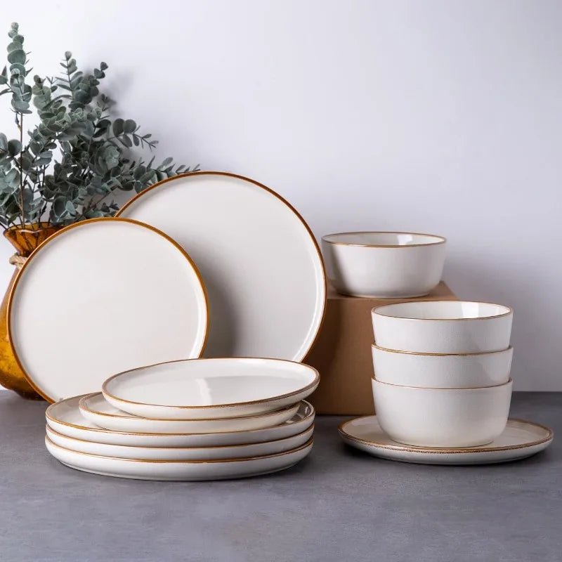 12 Piece Ceramic Dinnerware Set for 4, Scratch Resistant Dishes