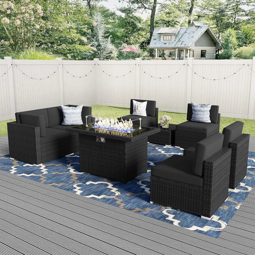 8 Pieces Outdoor Patio Furniture Set with 44" Propane Gas Fire Pit Table