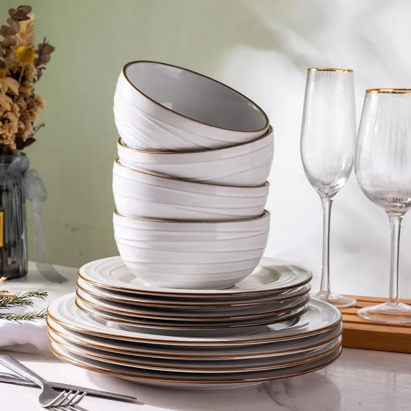 Embossed Elegant Stoneware Plates and Bowls Sets