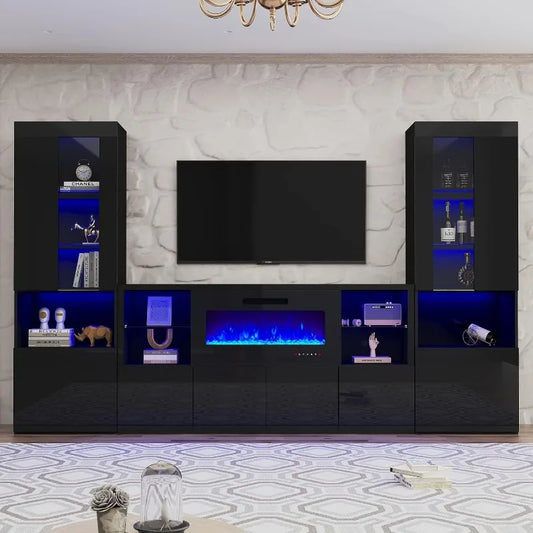 3 Piece Modern High Gloss Fireplace TV Stand + Bookcase Set- Includes 68" TV Stand with 40" Fireplace