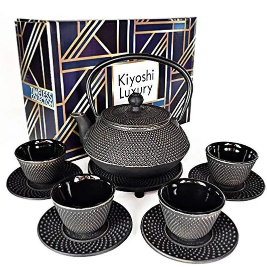 Japanese "Gashu Black" Elegant Cast Iron Tea Set with 4 Cups and Infuser