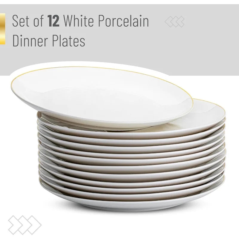 Set of 12, White Porcelain Dinner Plates, 10.5"