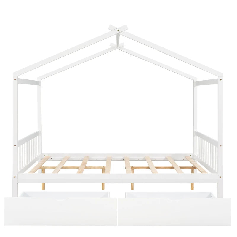 Wooden House Bed Frame for Kids with Ample Storage Options, Roof Design