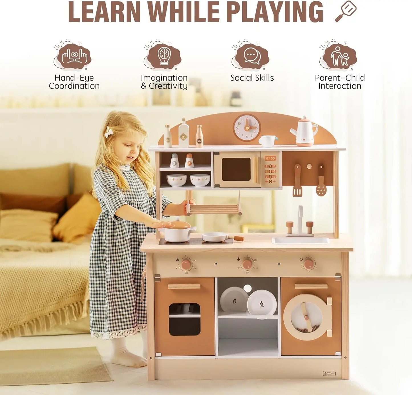 Wooden Play Kitchen with Realistic Accessories