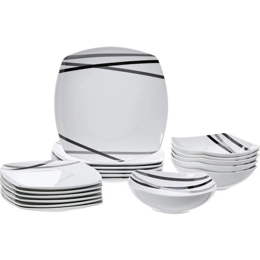 18 Piece Striped  Square Dinnerware Set - Service for 6 - Dishwasher and Microwave Safe