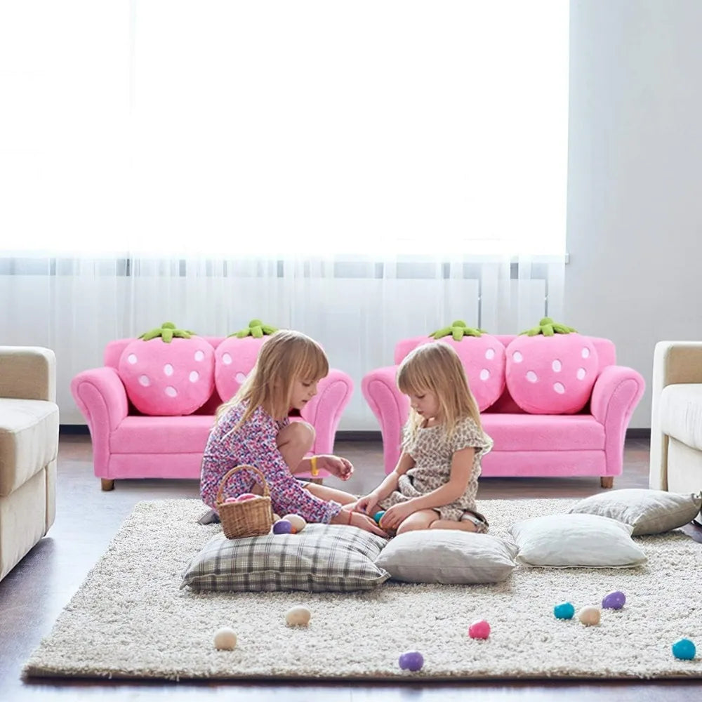 Coral Fleece Surface, Toddler Couch with Two Strawberry Pillows