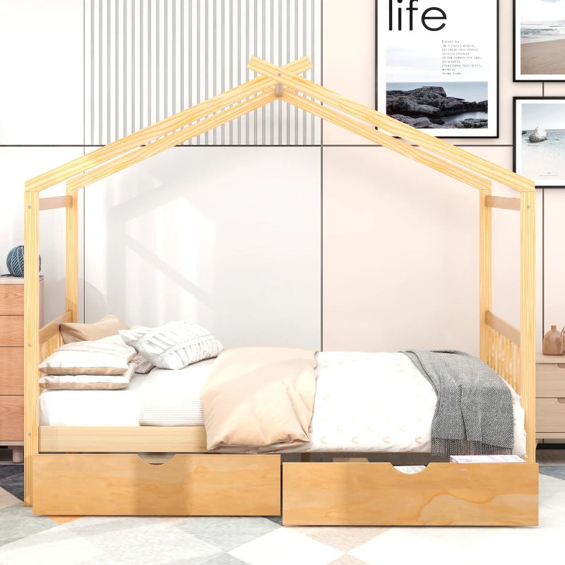 Wooden House Bed Frame for Kids with Ample Storage Options, Roof Design