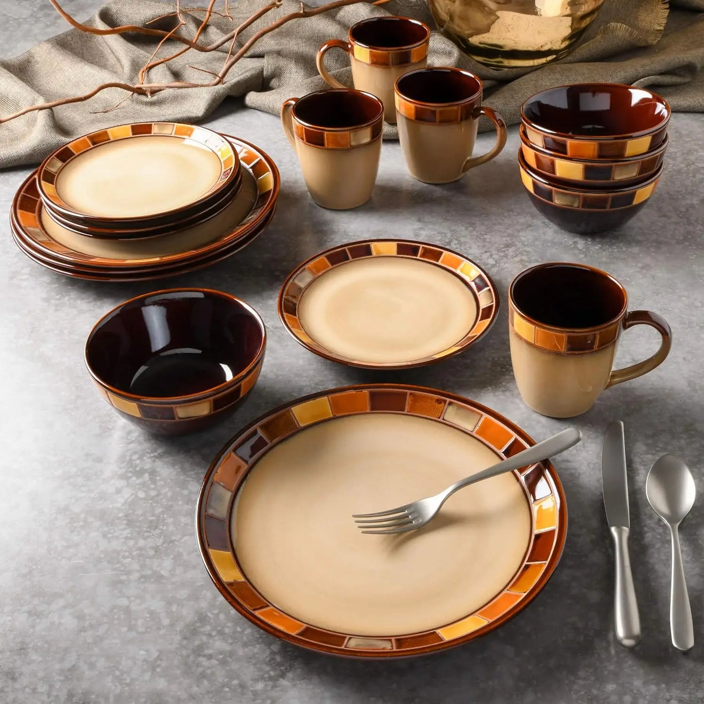 16-piece Ceramic Dinnerware Set, Service for 4- Beige and Brown, Dishwasher and Microwave Safe