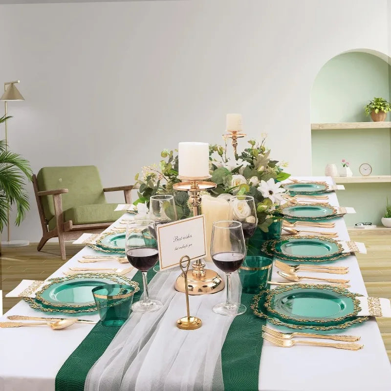 175PCS Clear Green Plastic Plates & Gold Plastic Silverware & Clear Green Cups & Gold Napkins, Service 25 Guest