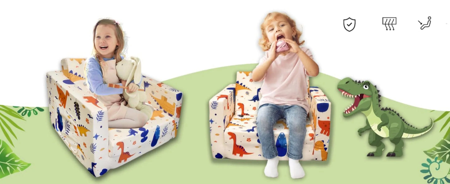 Children's 2 in 1 Convertible, Extra Soft Flip Open Chair Sofa Bed, Cute Star/Dinosaur Print