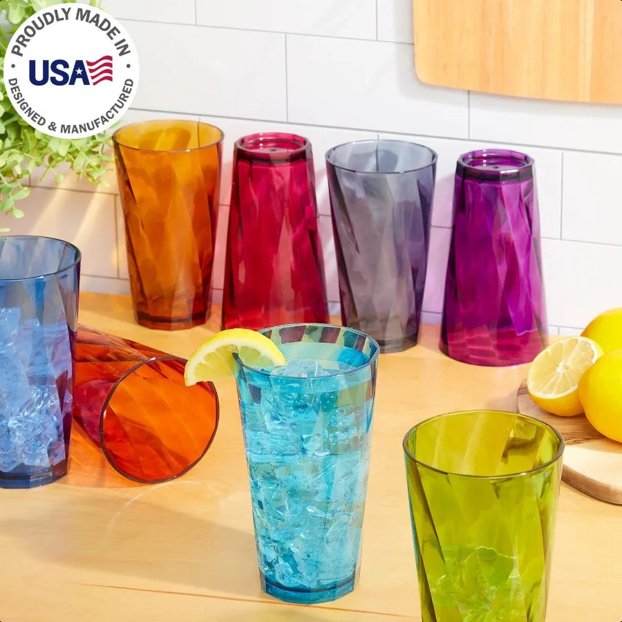 Set of 8, 20oz Optix Plastic Drinking Glasses in Jewel Tone Colors