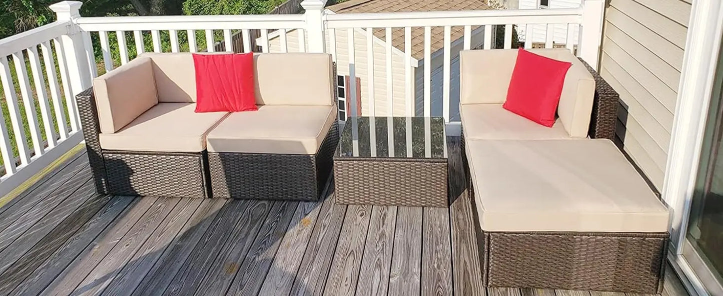 5 Piece All-Weather Brown PE Wicker Patio Furniture Set