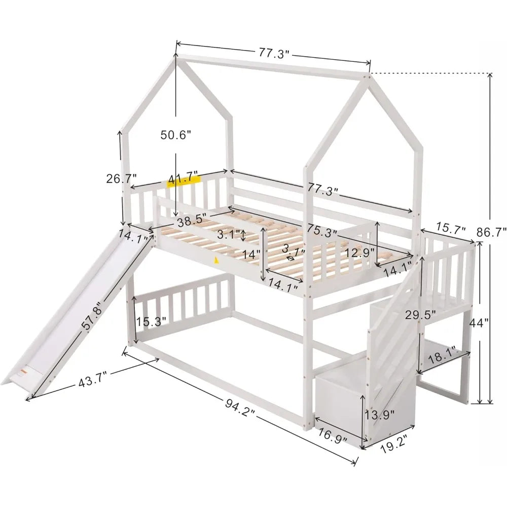 Twin Over Twin Solid Wood House Bunk Bed Frame with Slide