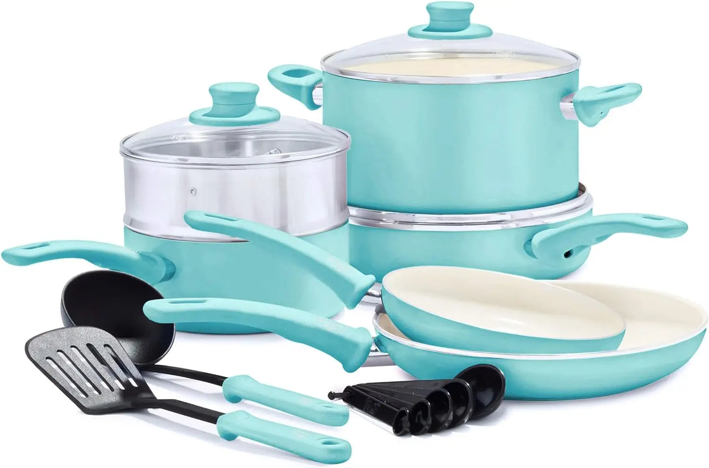 Ceramic Nonstick 16 Piece Kitchen Cookware Set, with Kitchen Utensils and Lid- Assorted Colors