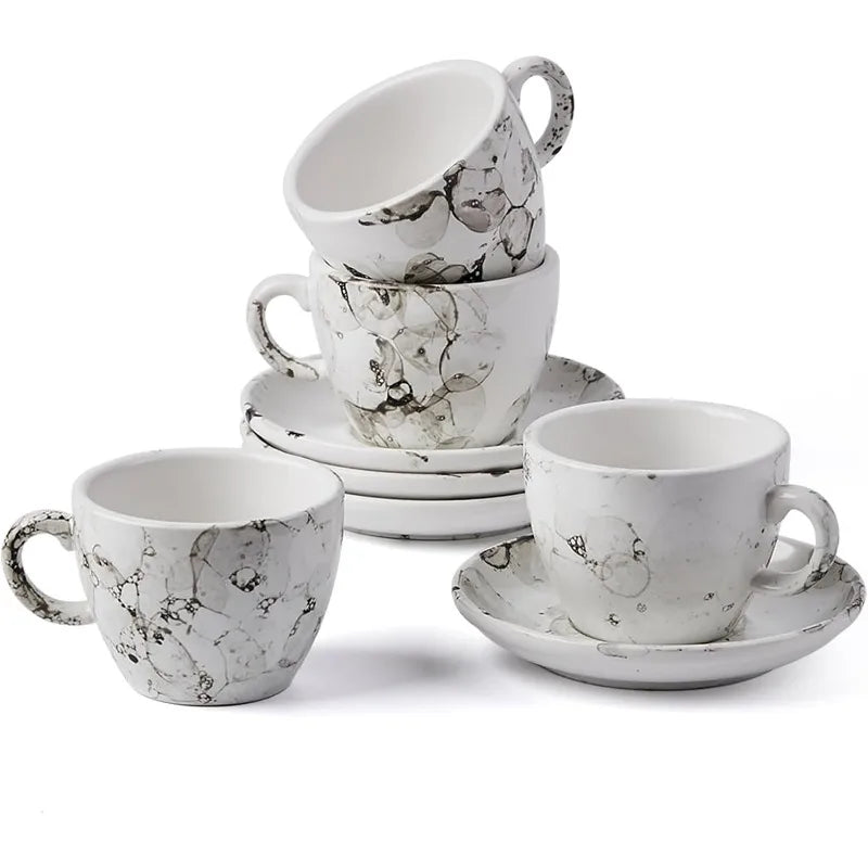 Set of 4 [8oz] Porcelain Coffee Cups with Saucers and Holder