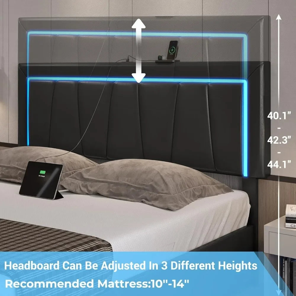 Upholstered Platform Bed Frame with 4 Storage Drawers and Led Lights