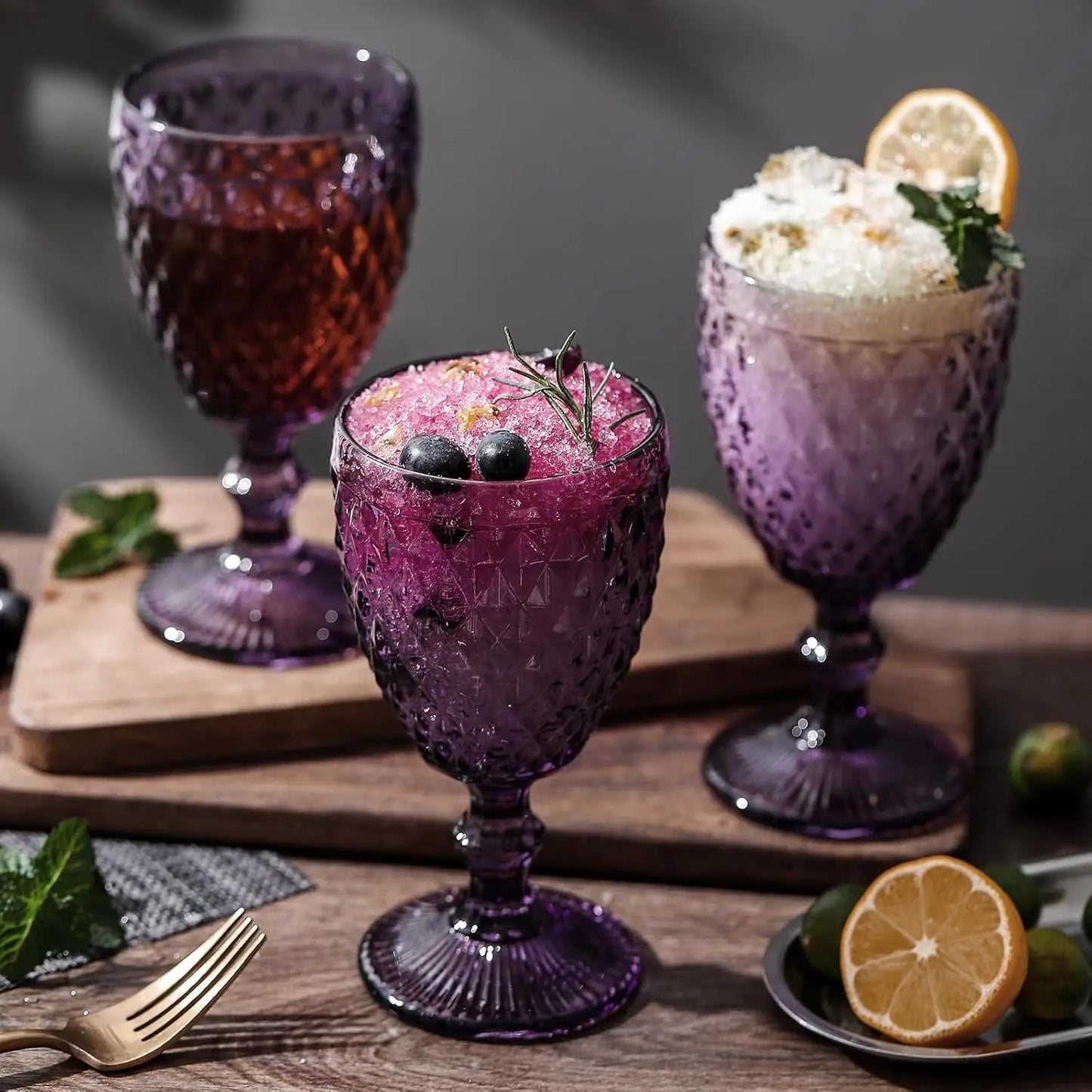 Set Of 6 - 10 Oz Diamond Pattern Purple Goblets