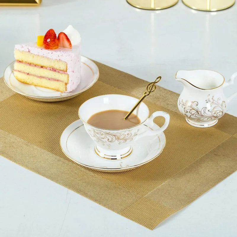 22-Pieces Porcelain Bone China Tea Sets, Gold Rim Coffee Set with Golden Metal Rack