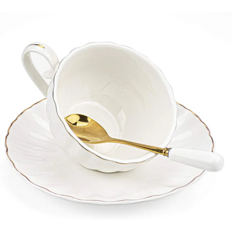 Set of 6 Royal Tea Cups and Saucers with Gold Trim, 8 oz, White