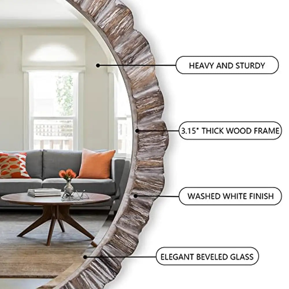 Large Round 35" Rustic Wood Beveled Frame Mirror