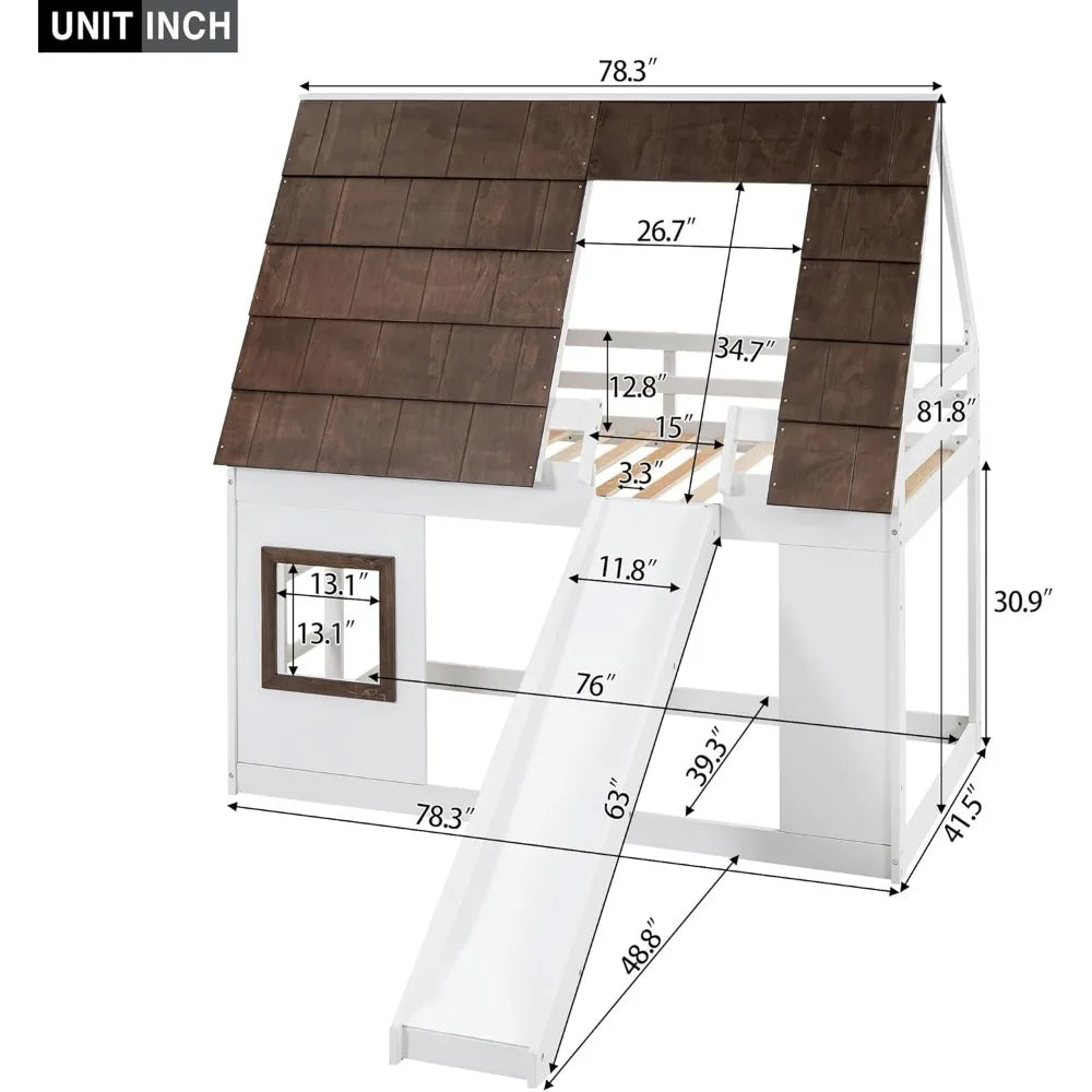 Twin Over Twin House Bunk Bed Frame with Roof, Window, Ladder and Slide