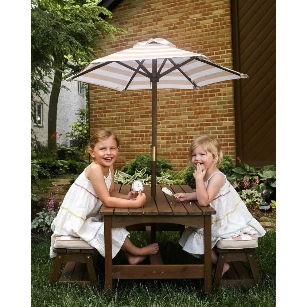 Kids Outdoor Wooden Table & Bench Set with Cushions and Umbrella