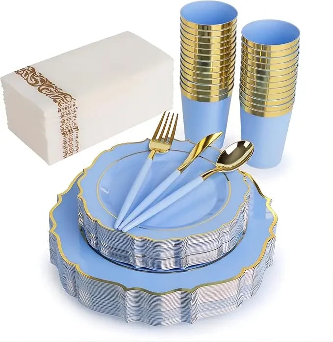 PARTY FOR 25- Disposable Plates – Includes 50 Blue Plastic Plates, 75 Baroque Handle Cutlery, 25 Cups, 25 Napkins