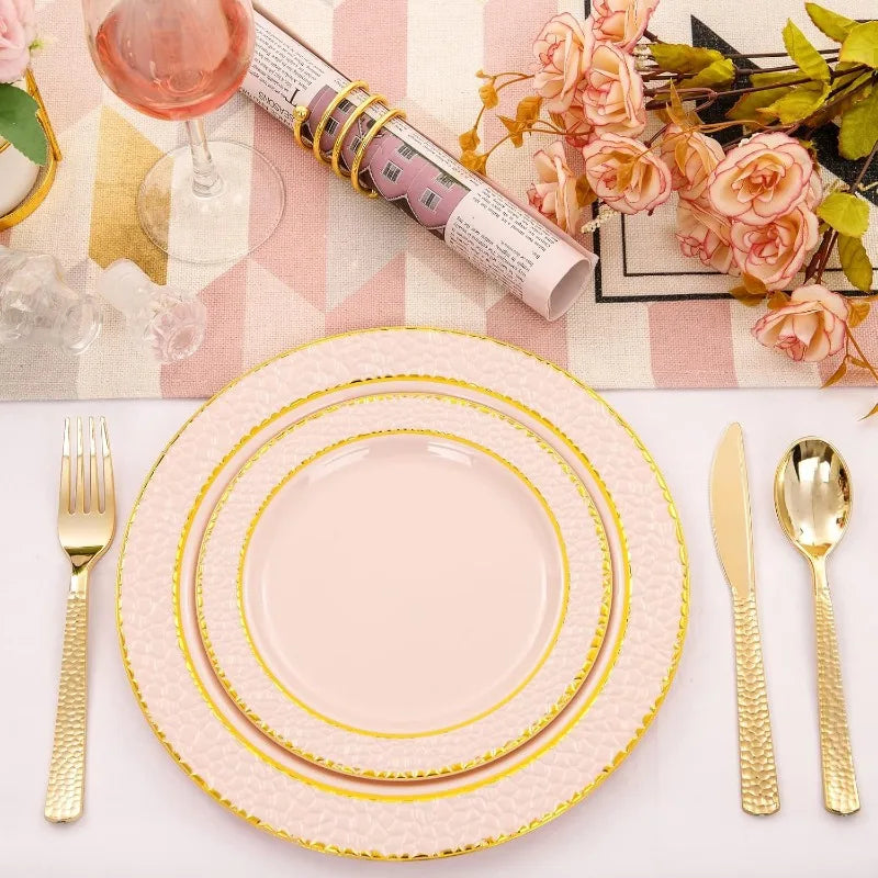 150PCS Clear-Gold Plastic Plates - Gold Plastic Silverware with Glitter Handle - 30 Guests