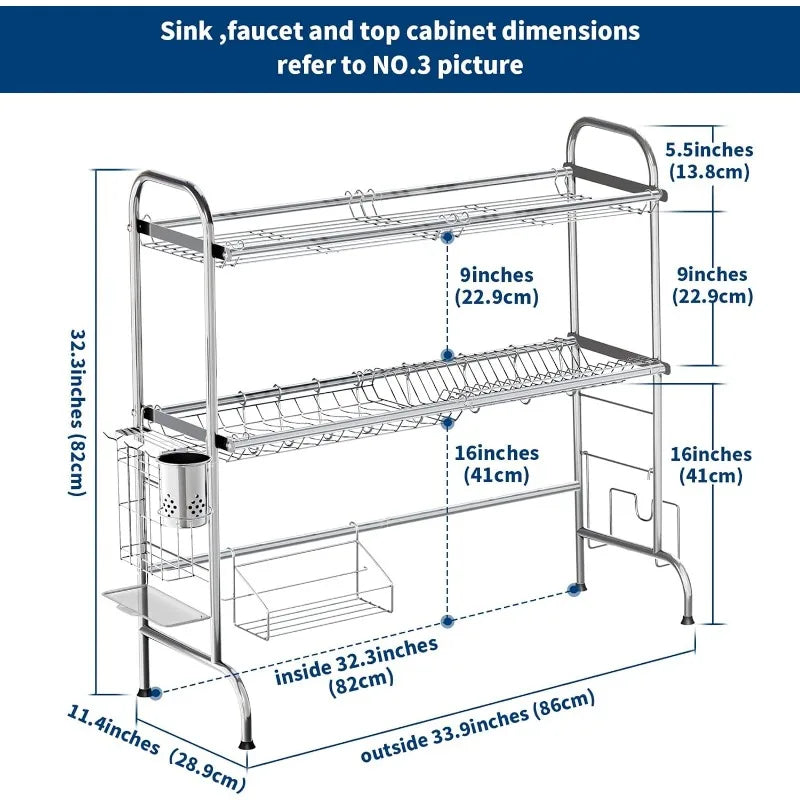 2 Tier Large Over Sink Dish Drying Rack with Utensil Holder