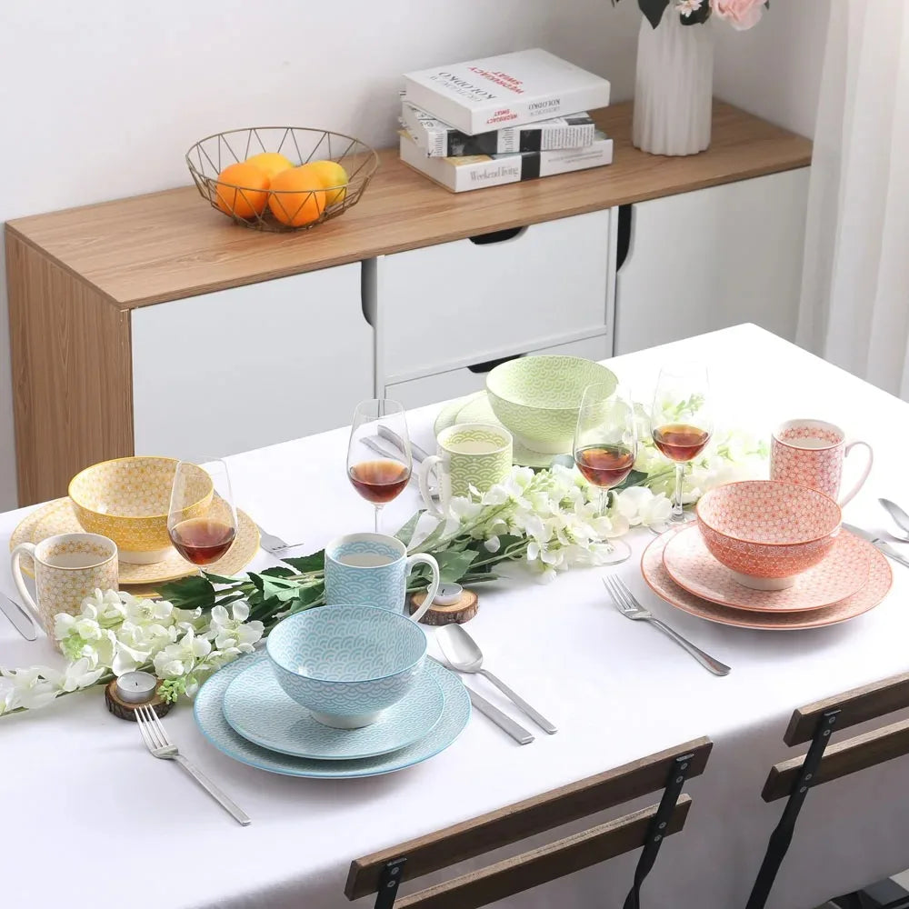 16 Piece Multi-Color Japanese-style Porcelain Dinnerware Set