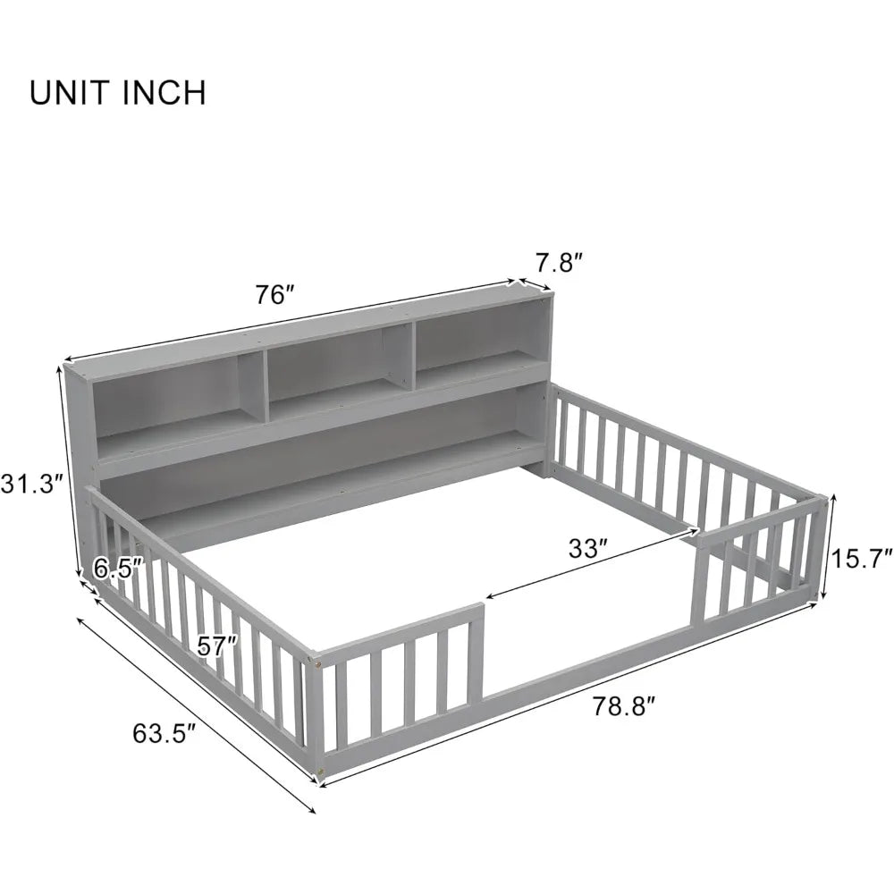 Easy To Assemble Kids Floor Bed with Bookcase and Shelves