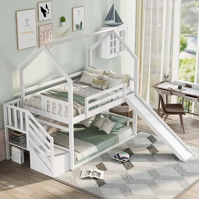 Twin Over Twin Solid Wood House Bunk Bed Frame with Slide