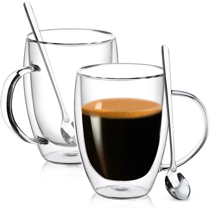 12 Oz Clear Double Wall Glass Coffee Mugs with Handle, Set of 6