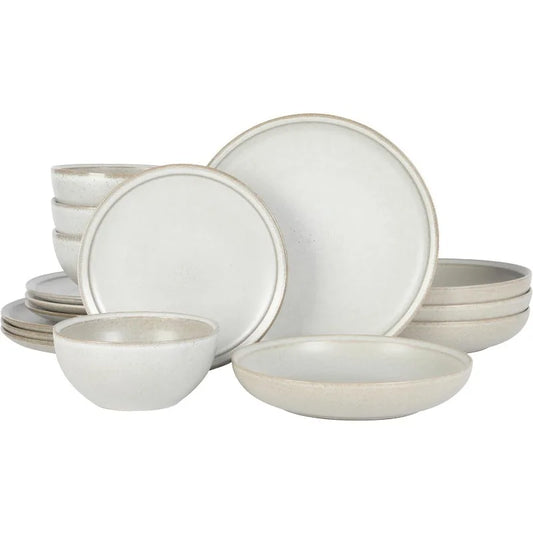 Beckett Stoneware Matte Reactive Glaze 16 Piece (Service for 4) Plates and Bowls Dinnerware Set - Linen White