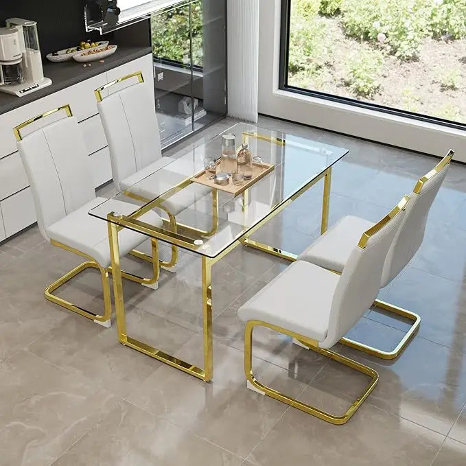 Modern Rectangle Glass Top Dining Table Set